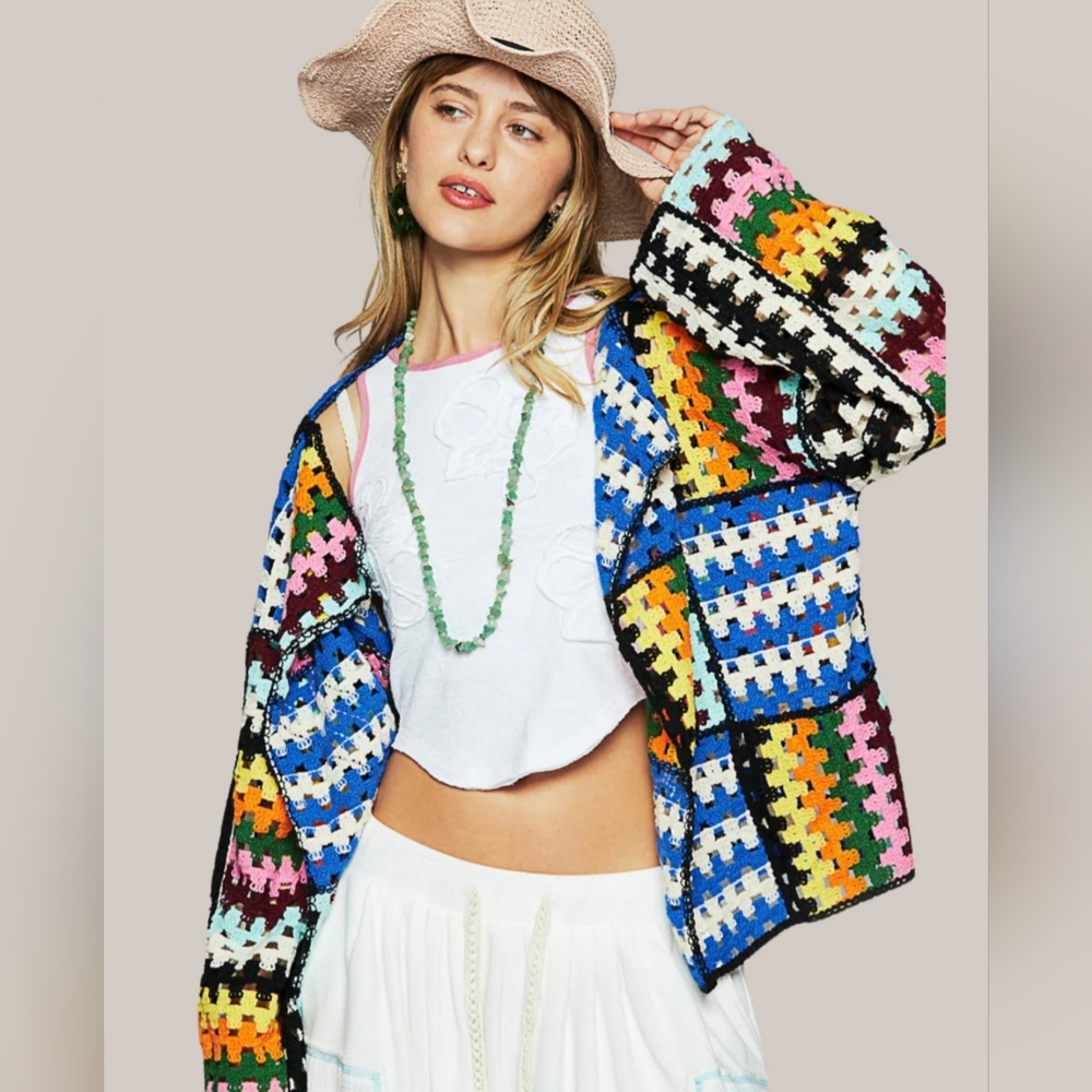 Pol Patchwork Square Crochet Cardigan Sweater - image 1
